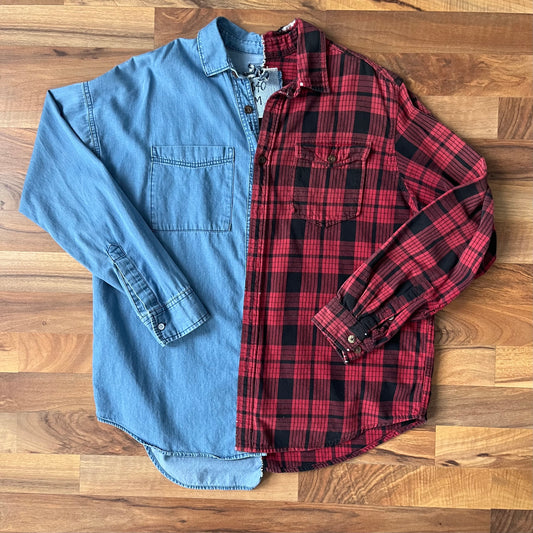 Red Plaid Split Denim Button Down | M