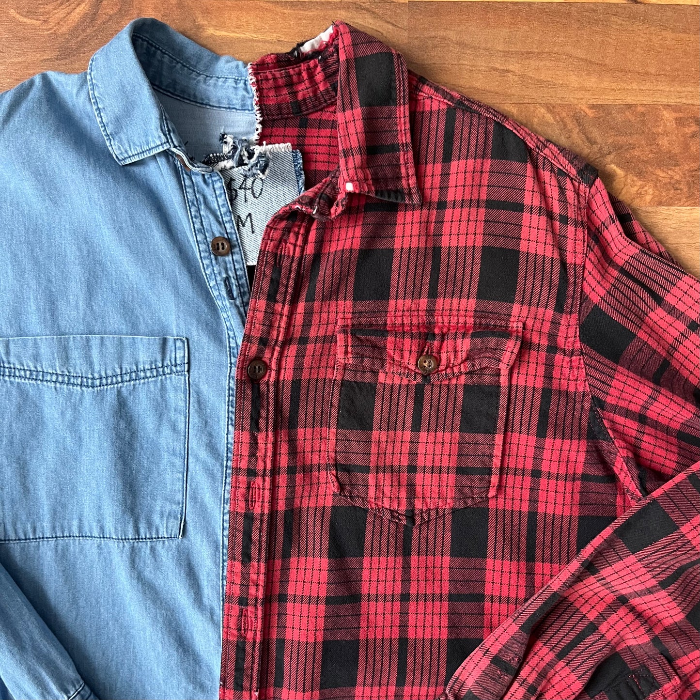 Red Plaid Split Denim Button Down | M
