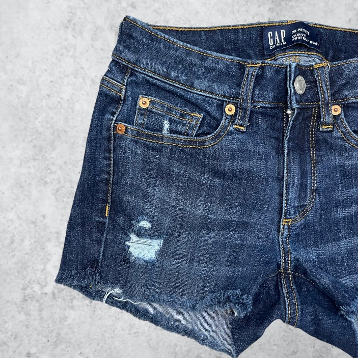 Dark Wash Distressed Mid-Rise Cut-Offs | W: 25