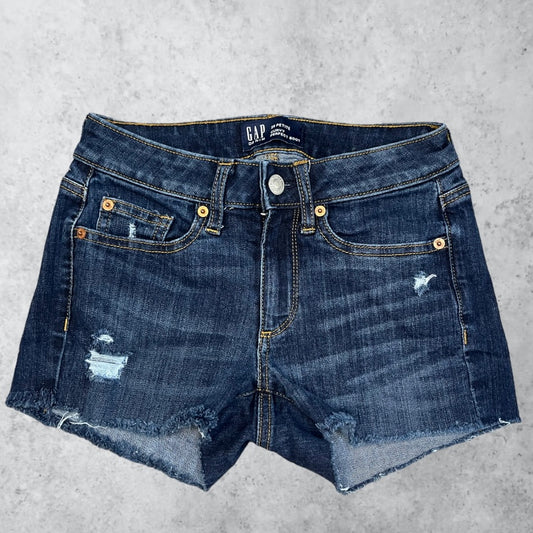 Dark Wash Distressed Mid-Rise Cut-Offs | W: 25
