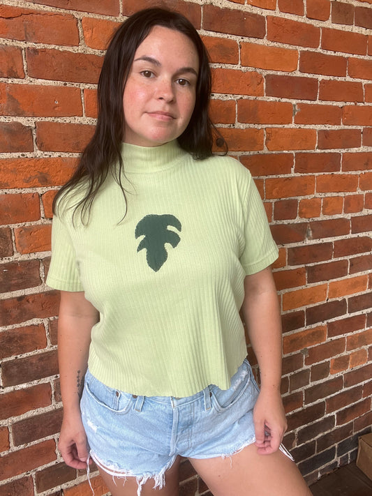 Green Ribbed Monstera Turtleneck Tee | Women's L