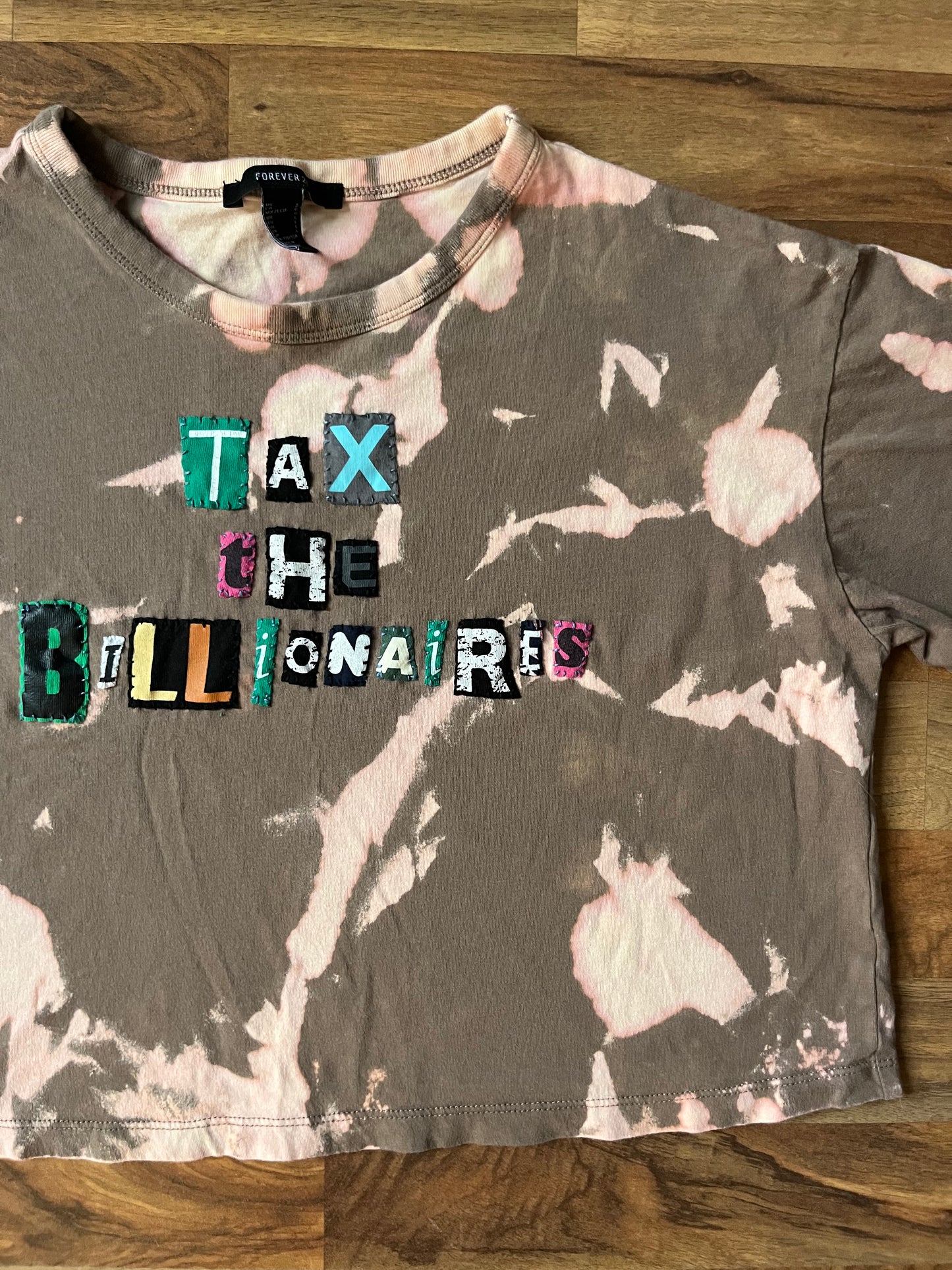 TAX THE BILLIONAIRES Pink + Brown Bleached Cropped Ransom Tee | Women's M