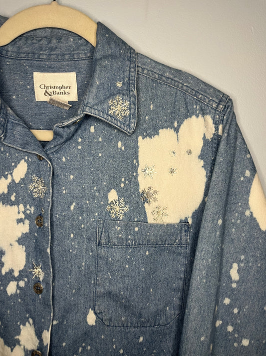 Snowflake Embroidered Bleached Denim Button-down | Women's S/M