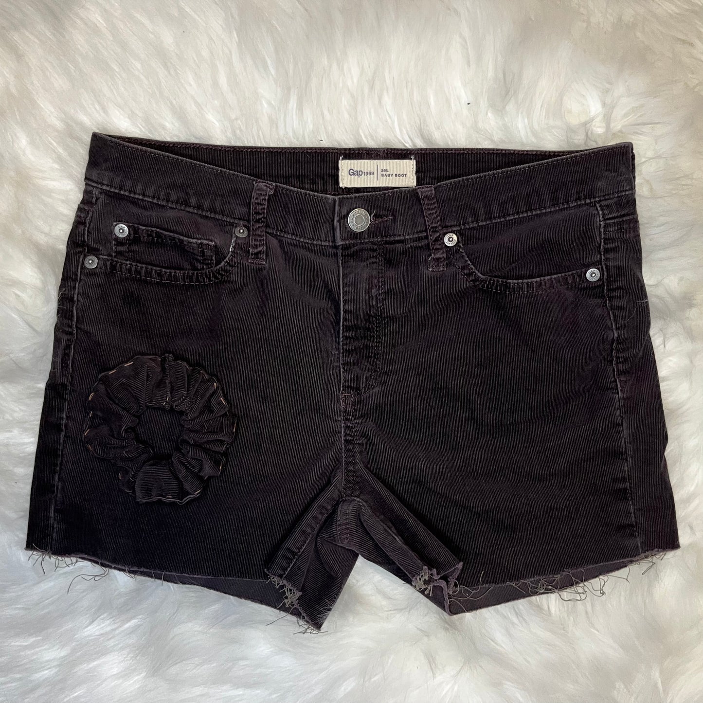 Brown Mid-Rise Corduroy Shorts w/ Matching Scrunchie | W: 32 in